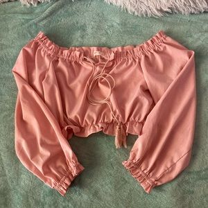 small off the shoulder long sleeve drawstring crop top